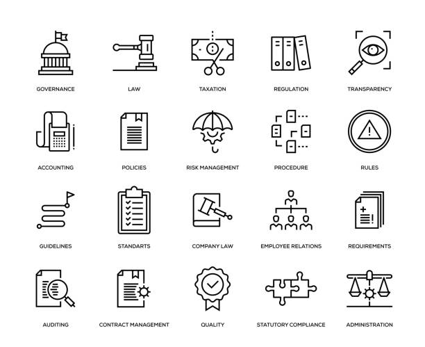 ilustraciones, imágenes clip art, dibujos animados e iconos de stock de conjunto de iconos de conformidad - compliance