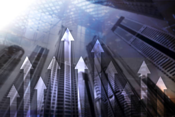 istock Up arrow graph on skyscraper background. Invesment and financial growth concept. 1079018960