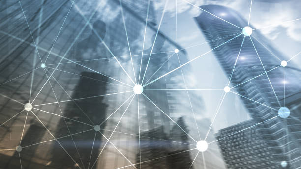 istock Blockchain network on blurred skyscrapers background. Financial technology and communication concept. 1079019318