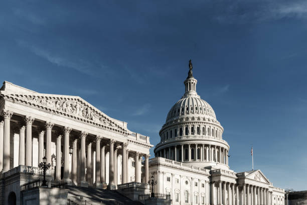 campidoglio con cielo blu dalla vista laterale, washington dc - capitol hill voting dome state capitol building foto e immagini stock