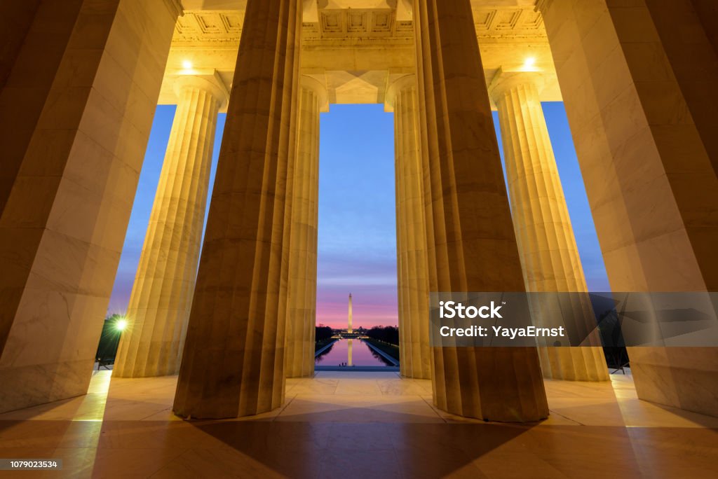 View of Washington Monument from Lincoln Memorial at Beautiful Sunrise, Washington DC View of Washington Monument from Lincoln Memorial at Sunrise, Washington DC Washington DC Stock Photo