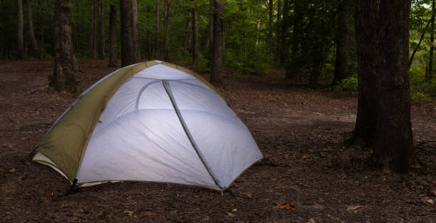 istock Tent lighted on Uwharrie National Forest at dusk 1079040012