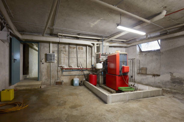 seminterrato con caldaia di riscaldamento rosso all'interno della vecchia casa - basement spooky cellar door foto e immagini stock