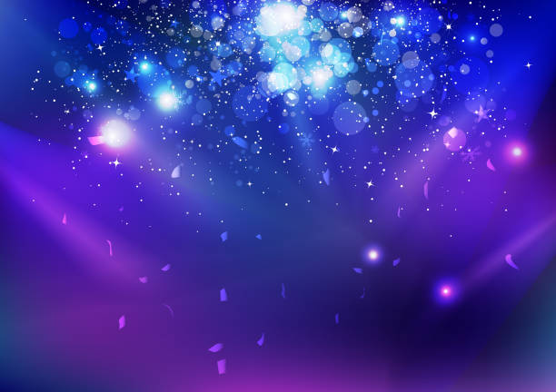 ilustrações de stock, clip art, desenhos animados e ícones de celebration, event, stars dust and confetti falling, blue night explosion glowing light on stage concept abstract background vector illustration - party background