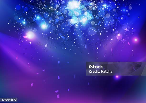 Celebration Event Stars Dust And Confetti Falling Blue Night Explosion Glowing Light On Stage Concept Abstract Background Vector Illustration Stock Illustration - Download Image Now