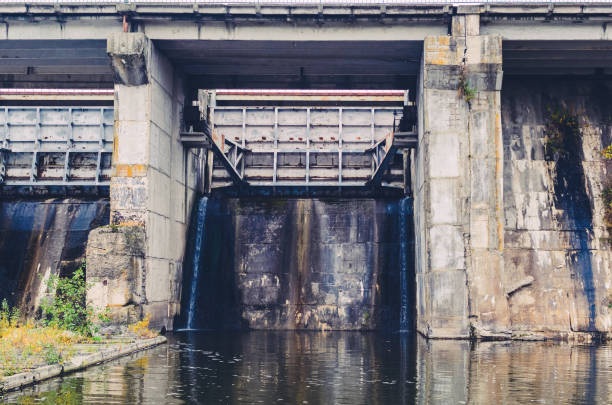 istock Closed sluices at the old small dam 1079066886