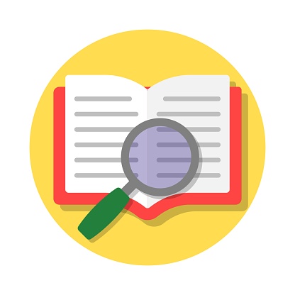 Open book and magnifying glass flat icon