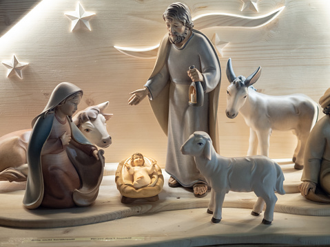 Adoration: Three wise men, ox, camel, donkey, virgin Mary, Joseph, and baby Jesus on white background