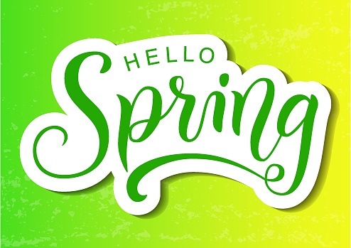 Modern calligraphy lettering of Hello Spring in green with shadow in paper cut style on yellow green background for decoration, greeting card, poster, banner, sticker, postcard, calendar