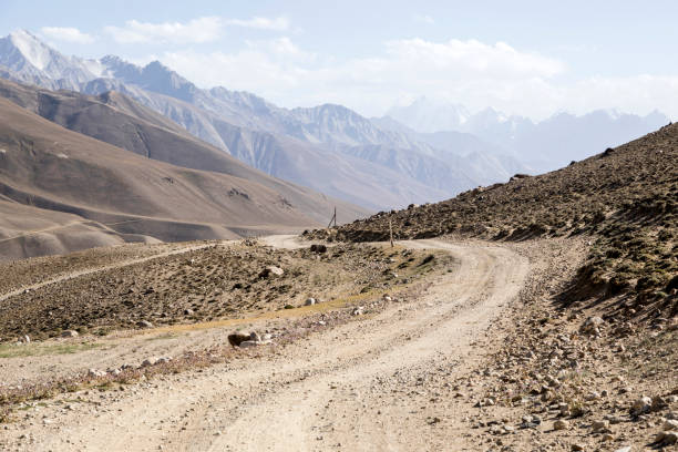 pamir highway dans le paysage désertique de montagnes du pamir au tadjikistan. l’afghanistan est sur la gauche - pamirs photos et images de collection