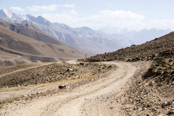 Pamir Highway in the desert landscape of the Pamir Mountains in Tajikistan. Afghanistan is on the left stock photo