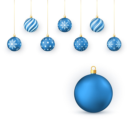 Blue Christmas balls Set. Holiday Decorative Elements. Xmas balls hang on golden string. Vector illustration isolated on white background
