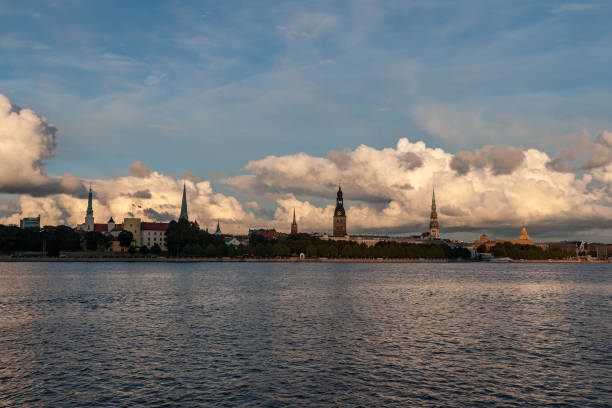 istock Riga city, capital of Latvia panoramic view with river Daugava and cable bridge 1079080708