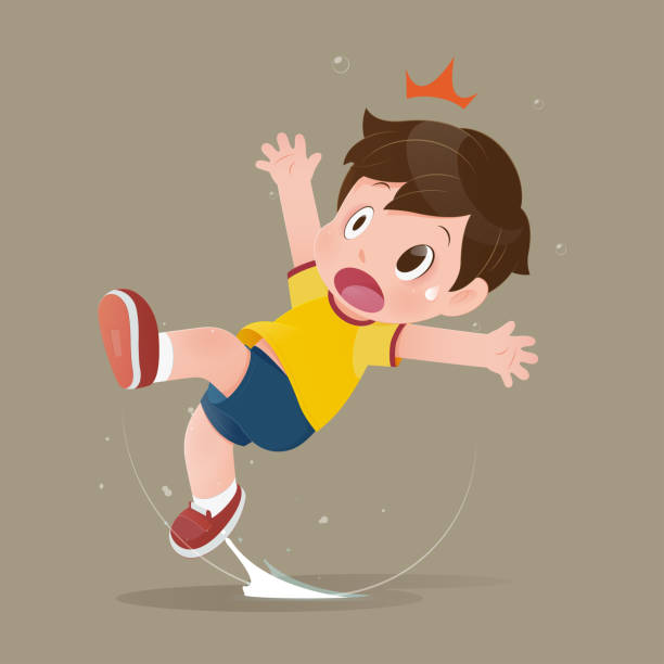 illustrations, cliparts, dessins animés et icônes de le garçon du dessin animé chemise jaune se sentent choc parce qu’il glisse dans une flaque d’eau sur le plancher. - inattention