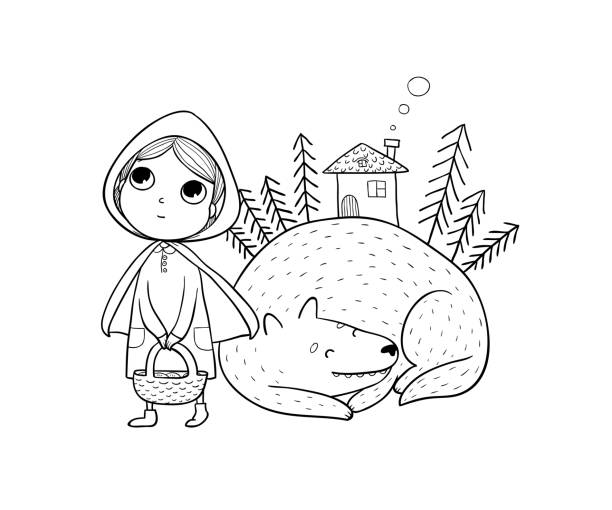 Little Red Riding Hood fairy tale. Little cute girl and wolf. isolated objects on white background. Vector illustration. animal saliva stock illustrations