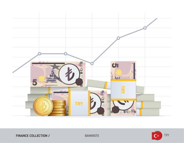 illustrazioni stock, clip art, cartoni animati e icone di tendenza di grafico di crescita con fasci di 5 banconote e monete in lira turca. illustrazione vettoriale in stile piatto. crescita del concetto finanziario ed economia. - l flag