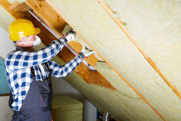 człowiek instalacji termicznej warstwy izolacji dachu - za pomocą płyt z wełny mineralnej. koncepcja renowacji i izolacji poddasza - insulation roof attic home improvement zdjęcia i obrazy z banku zdjęć