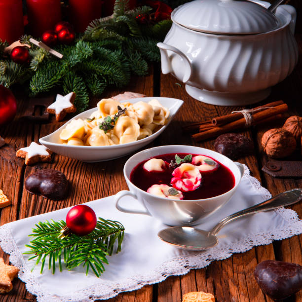 istock Christmas beetroot soup- borscht with small dumplings 1079096128