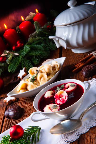 istock Christmas beetroot soup- borscht with small dumplings 1079096182