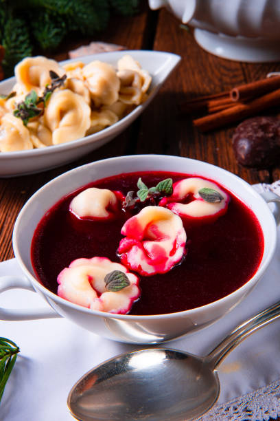 istock Christmas beetroot soup- borscht with small dumplings 1079096232