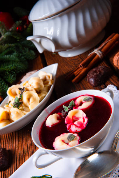 istock Christmas beetroot soup- borscht with small dumplings 1079096298