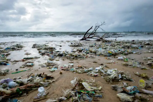 Photo of Garbage on beach, environmental pollution in Bali Indonesia.