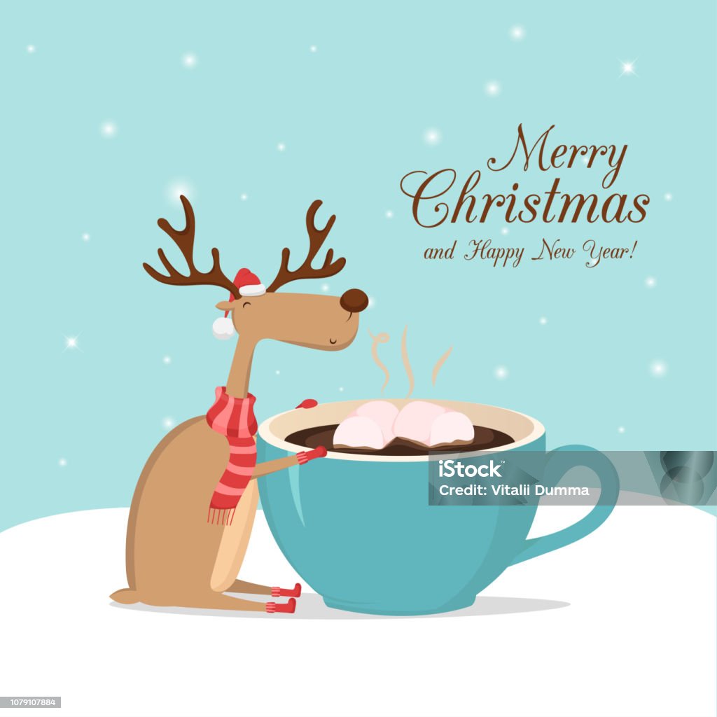 Vector blue greeting card with reindeer sitting with cup of coffee on the snow. Merry Christmas and happy New Year Cheering stock vector