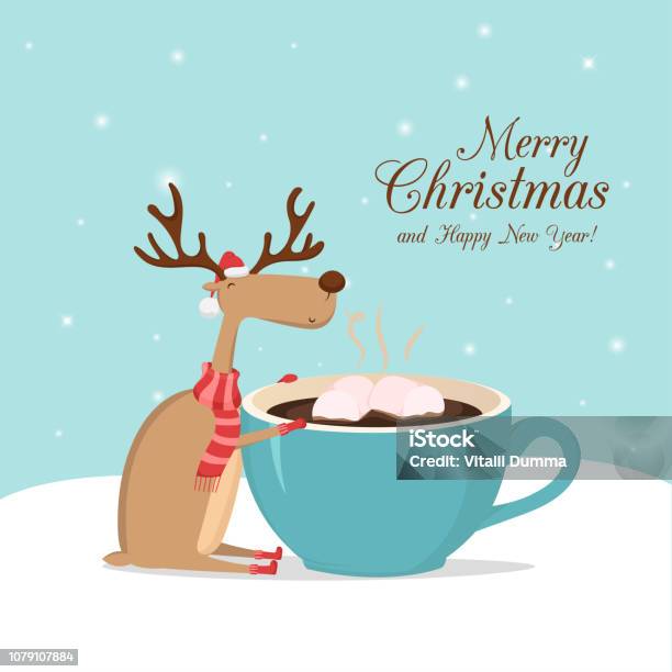 Vector Blue Greeting Card With Reindeer Sitting With Cup Of Coffee On The Snow Merry Christmas And Happy New Year Stock Illustration - Download Image Now