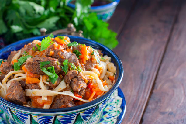 istock Traditional Uzbek Lagman with beef and vegetables, horizontal, copy space 1079108256