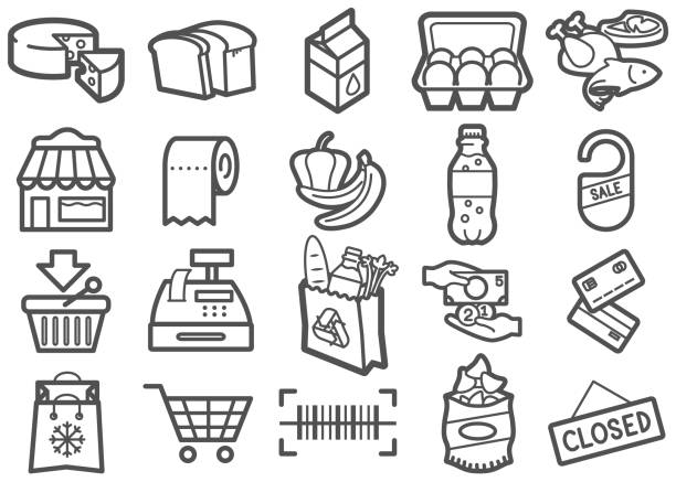 ilustraciones, imágenes clip art, dibujos animados e iconos de stock de conjunto de iconos de línea supermercados - paper bag illustrations