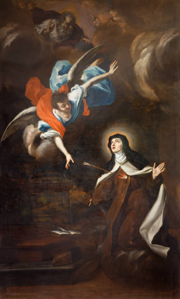 turyn - obraz trasverberazione (mistyczne doświadczenie) di santa teresa d'avila (1640) w kościele chiesa di santa teresa guglielmo caccia (moncalvo). - mistic zdjęcia i obrazy z banku zdjęć