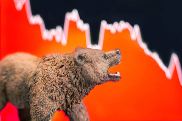 Price crash and bear market Bearish scenario in stock market with bear figure in front of red price drop chart. stock market crash photos stock pictures, royalty-free photos & images