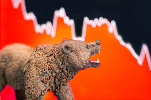 Price crash and bear market Bearish scenario in stock market with bear figure in front of red price drop chart. drop bear stock pictures, royalty-free photos & images