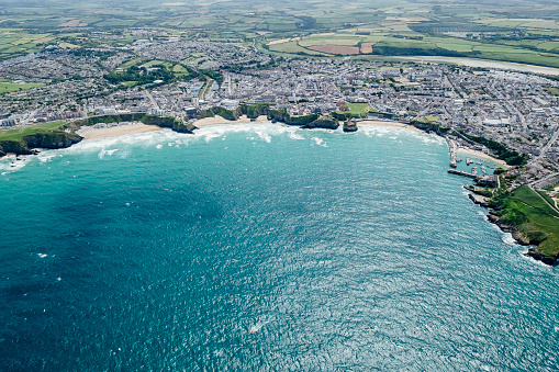 Aerial Views over Newquay, Cornwall on a sunny June day.