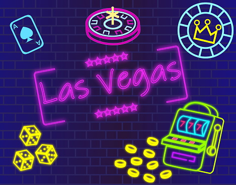 Las Vegas magenta lettering. Vector with  casino icons on  blue wall background.