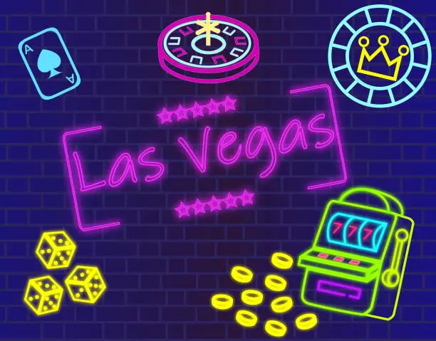 Vector illustration of Las Vegas magenta lettering. Vector with  casino icons on  blue wall background.