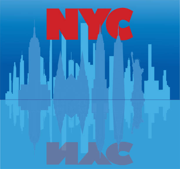 New York red  lettering, skyscrapers and travel icons reflecting in light blue water. Travel New York red  lettering, skyscrapers and travel icons reflecting in light blue water. Travel times square stock illustrations