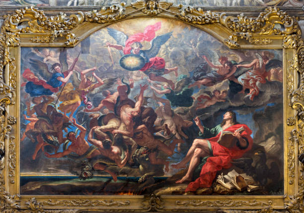 Parma - The painting of The Battle of the Angels after Apocalypse of St. John in church Chiesa di San Giovanni Evangelista by unknown artist. Parma - The painting of The Battle of the Angels after Apocalypse of St. John in church Chiesa di San Giovanni Evangelista by unknown artist. Armageddon Bible stock pictures, royalty-free photos & images