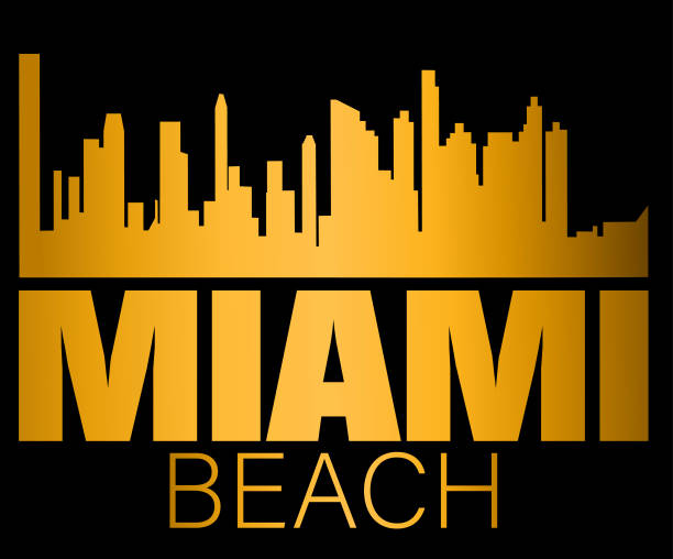 istock Miami Beach  lettering and gold silhouette buildings on black  backround. Travel card. 1079144586