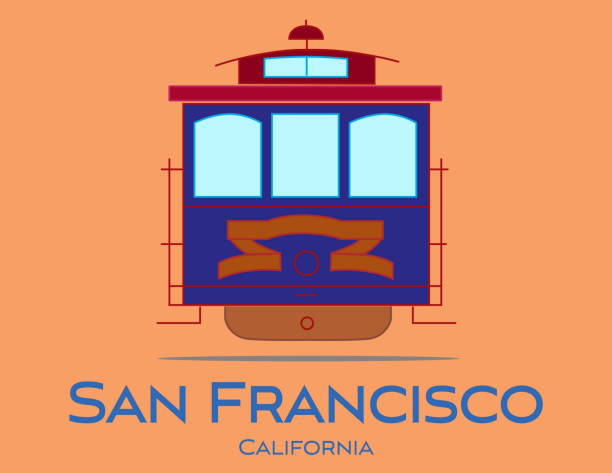 サンフランシスコの青いレタリング。オレンジ色の背景にケーブルカーをベクトル。はがきを旅行します。 - san francisco county cable car golden gate bridge symbol点のイラスト素材／クリップアート素材／マンガ素材／アイコン素材