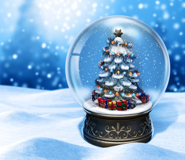 istock Magical Snow Globe with Christmas Tree on Blue Background 1079147402
