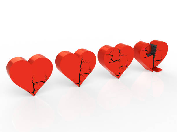 istock 3D illustration of Hearts slowly cracking on a white background 1079151732