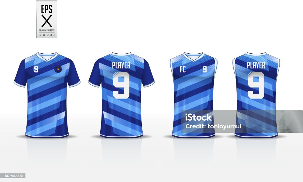 Blue stripe pattern t-shirt sport template design for soccer jersey, football kit and tank top for basketball jersey. Sport uniform in front and back view. Sport shirt mock up for sport club. Vector. Blue stripe pattern t-shirt sport template design for soccer jersey, football kit and tank top for basketball jersey. Sport uniform in front and back view. Sport shirt mock up for sport club. Vector Illustration. Artificial stock vector