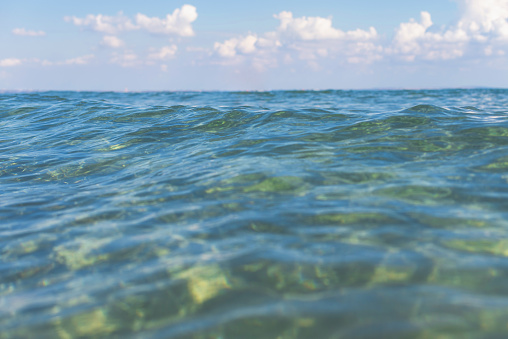 Background of the smooth and soft natural transparent sea water with bokeh.