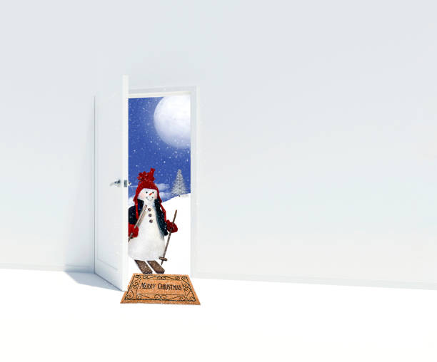 skiing snowman with christmas doormat - doormat door christmas holiday imagens e fotografias de stock
