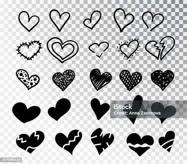 Hearts Hand Drawn Set Isolated Design Elements For Valentine S Day Collection Of Doodle Sketch Hearts Hand Drawn With Ink Vector Illustration 10 Eps Stock Illustration - Download Image Now