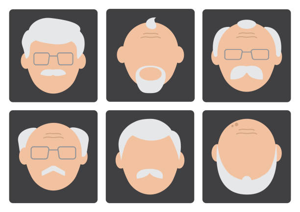 ilustraciones, imágenes clip art, dibujos animados e iconos de stock de plano conjunto de ancianos cara sobre fondo gris, avatar. ilustración de vector - surfista de plata