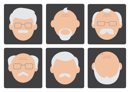 Flat set of face old men on gray background, avatar. Vector illustration