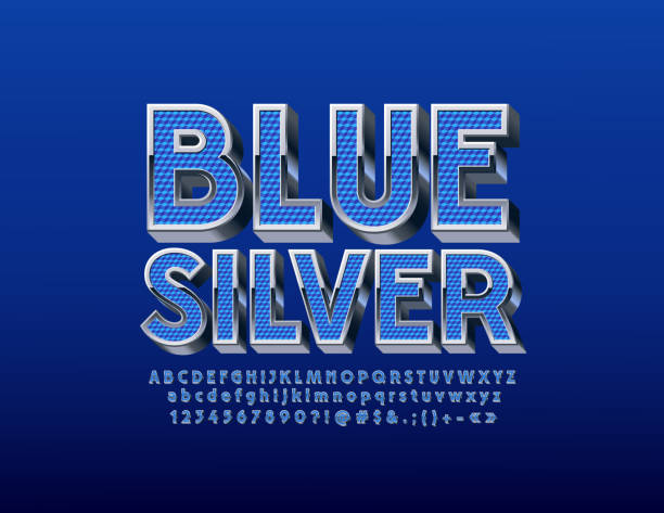 ilustrações de stock, clip art, desenhos animados e ícones de vector blue and silver alphabet letters, symbols and numbers - capital letter luxury blue image