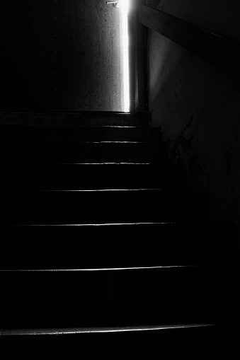 Dark image in black and white of stairs leading up from cellar to a door ajar.
